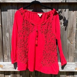 Lucky Brand Boho Flowy Embroidered Peasant Top